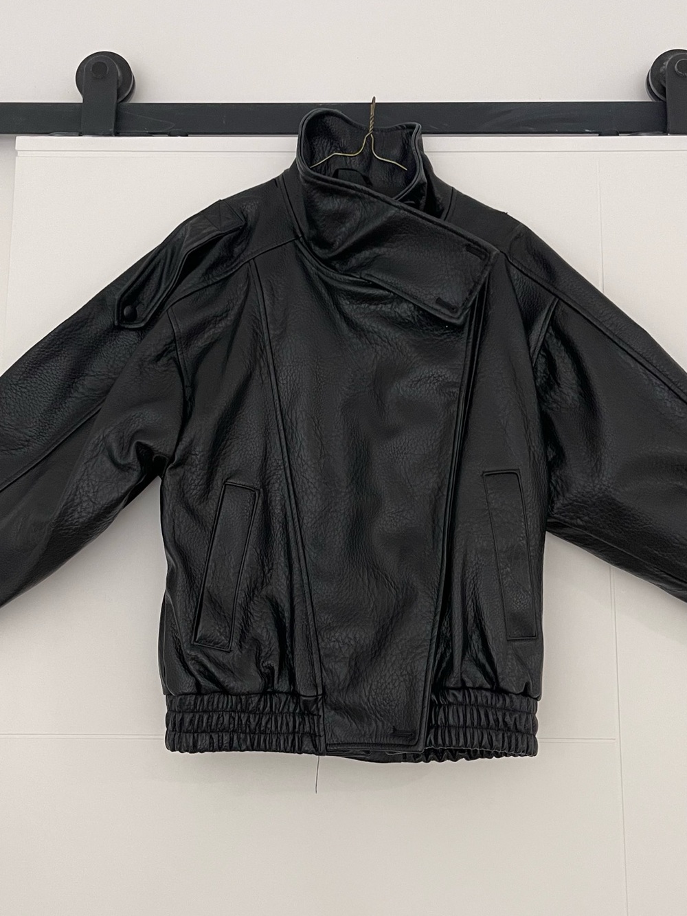 Zara Black Leather Asymmetrical Bomber Jacket